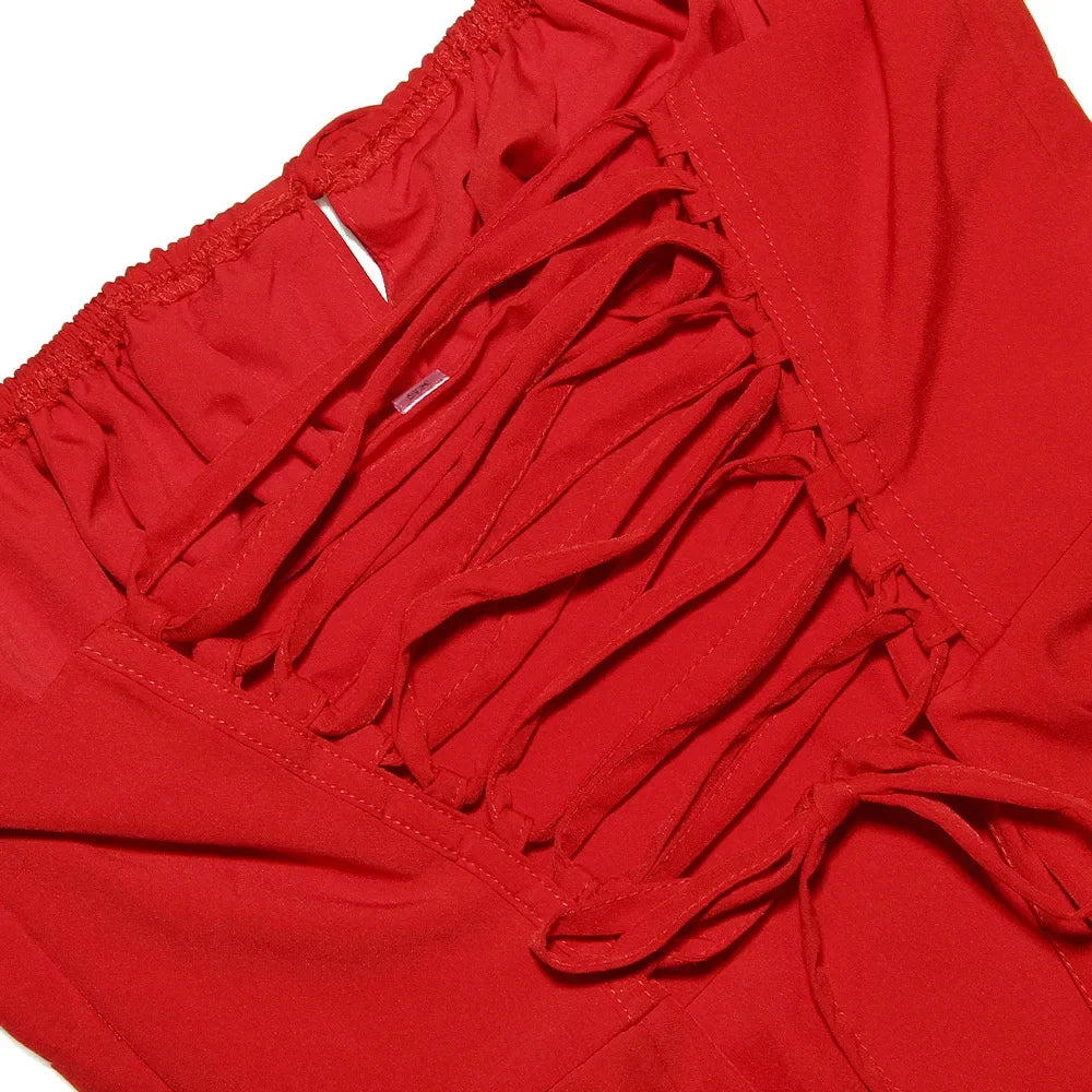 Elegant A Line Midi Dress, Sexy Spaghetti Strap Lace Up Red  Party Dresses.
