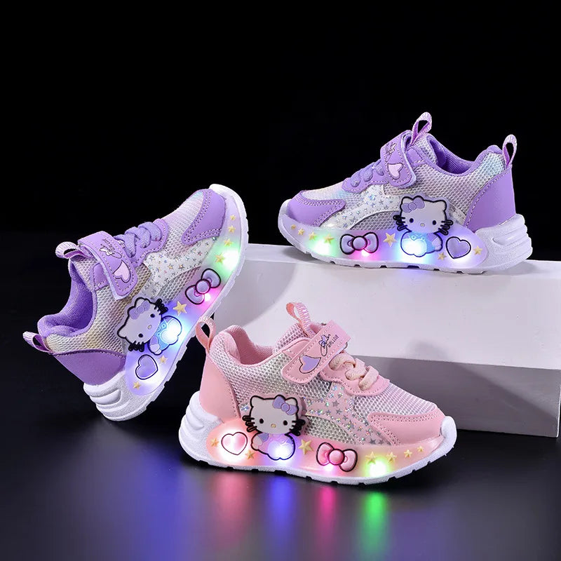 Hello Kitty Led Casual Sneakers for Summer ,Girls Print Lighted Non-Slip, Cute Outdoors Sport Shoes.