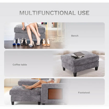 118" U-Shaped Sectional Couch, 4-Seat Modular Sofa with 2 Ottomans ,Foldable Side Table, Grey for Living Room