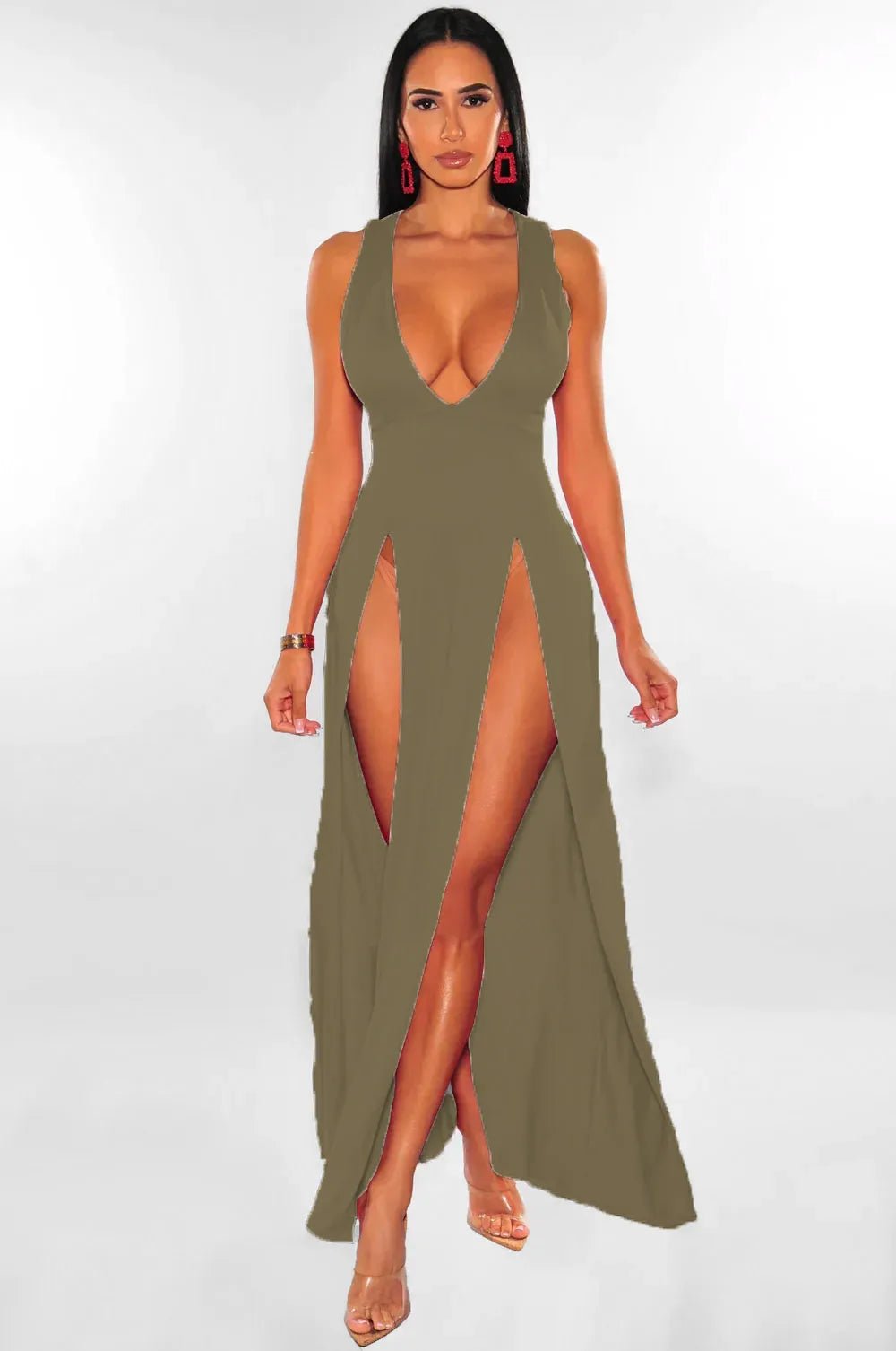 Summer New Women Sexy High Split Dresses, Sleeveless Deep V-Neck High Slit Long Party Bodycon Red Dresses.