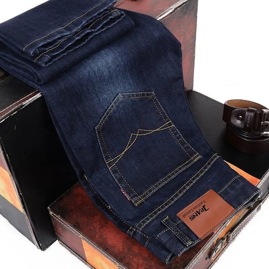 2025 Men NEW  Fashion Business Jeans Classic Style Stretch  Denim Trousers Black Blue.