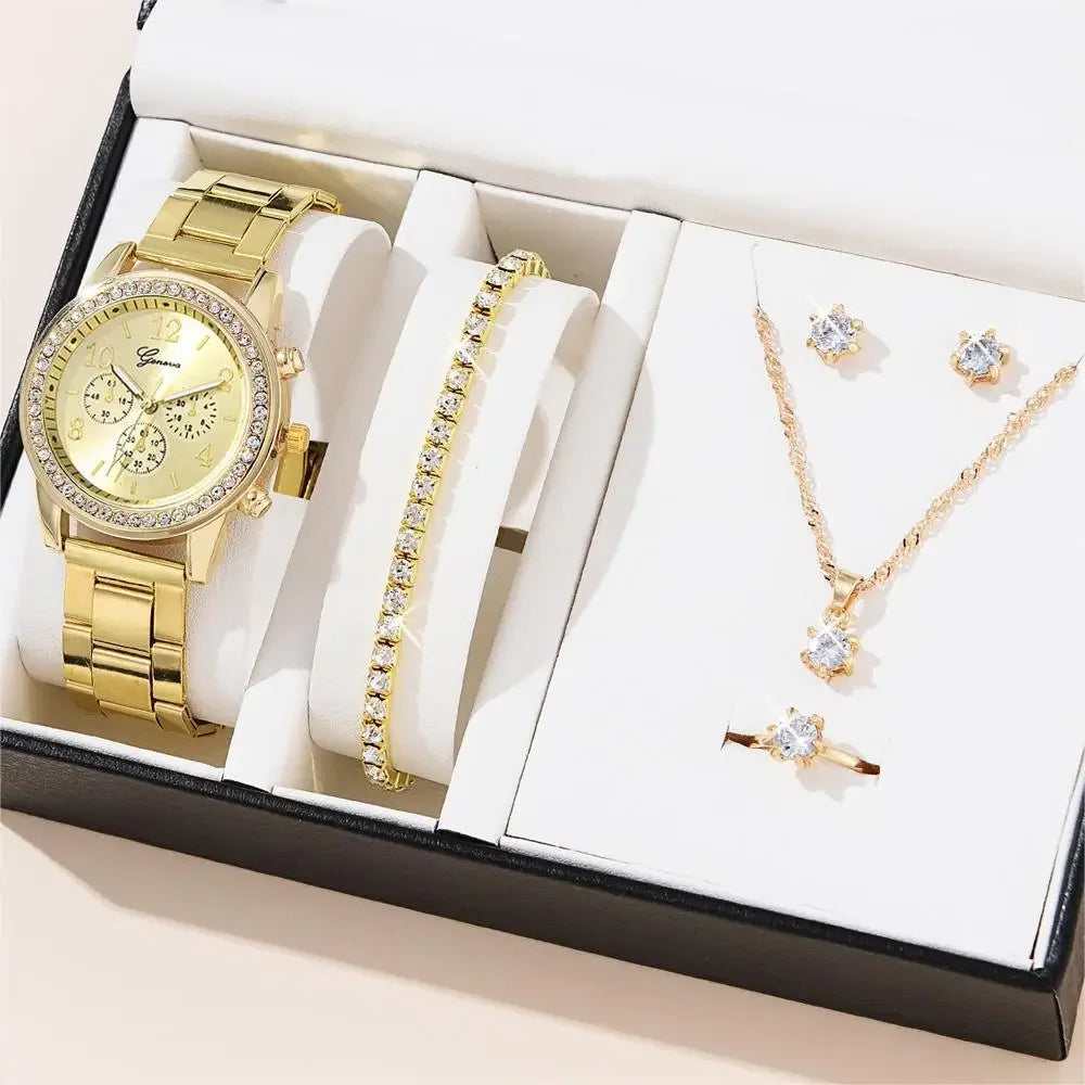 Women Quartz Watch Luxury Diamonds, Simple Stainless Steel Strap, Ring, Necklace, Earrings.