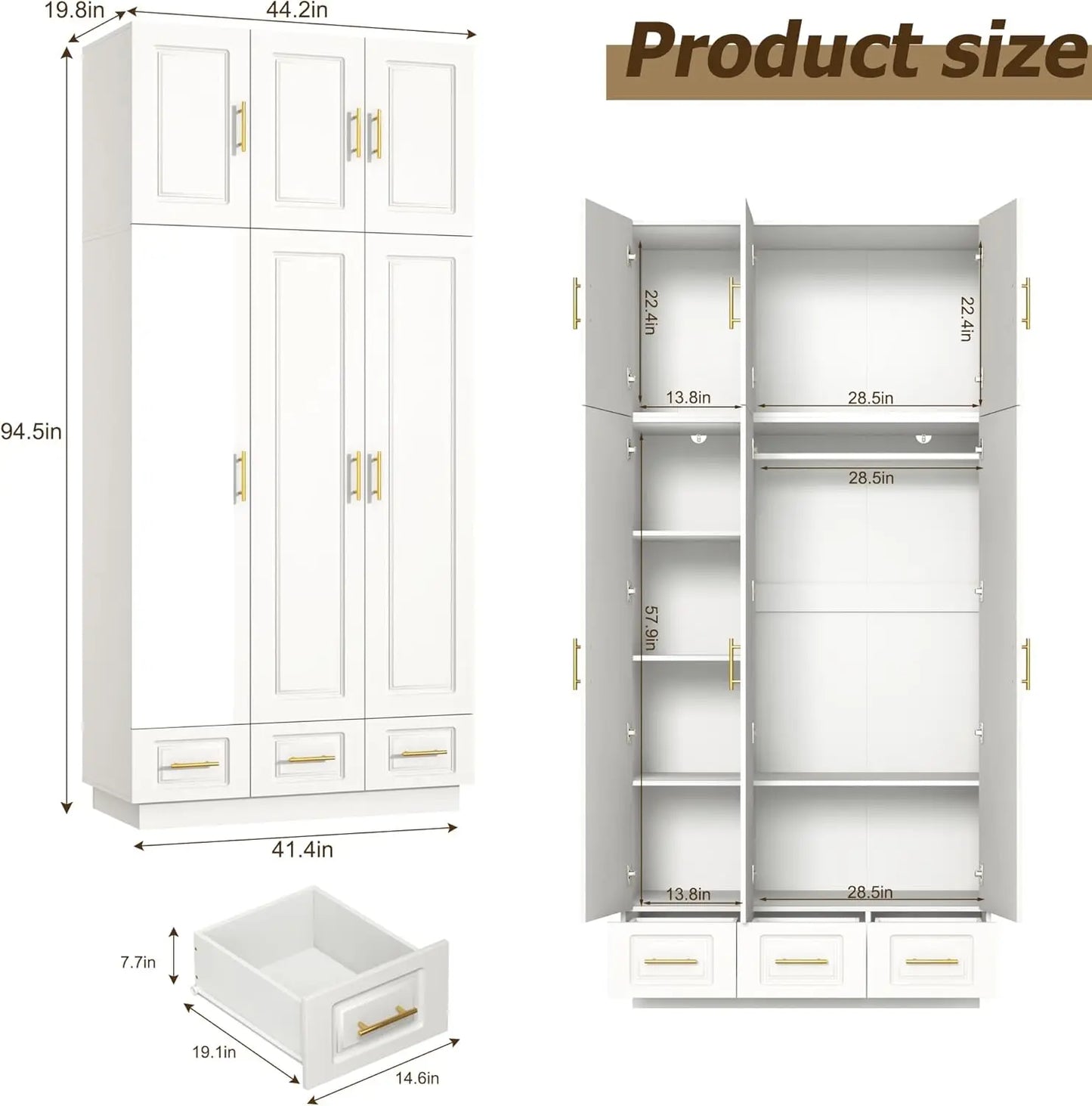 Large Armoire Wardrobe Closet Cabinet with Drawers and LED Lights, Large Capacity Storage 3 Door Wardrobe Armoire.