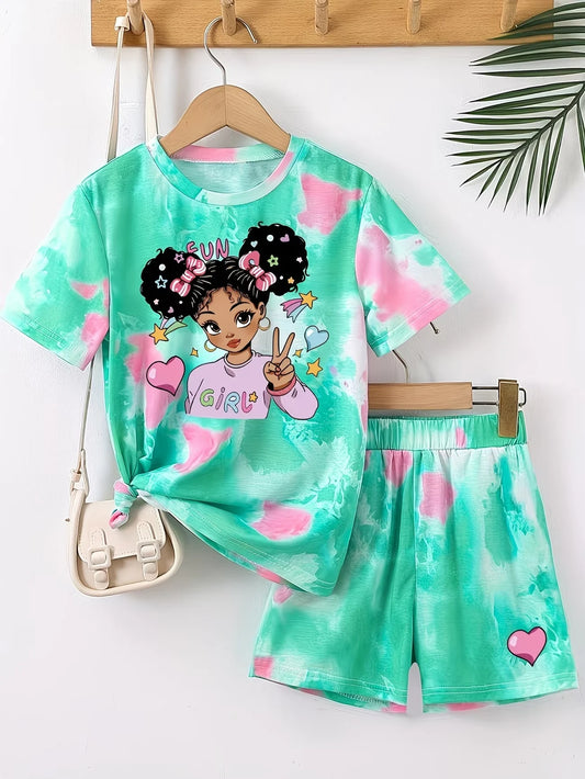 Kawaii Anime Print Kids Sport Suit, 2-Piece Set Girls Casual Summer Clothes.