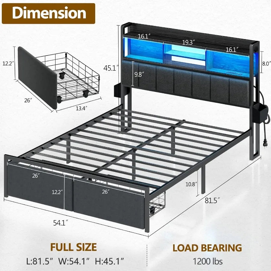 Full Size Bed Frame with Headboard ,with Storage Drawers, Charging Station, and LED Lights.