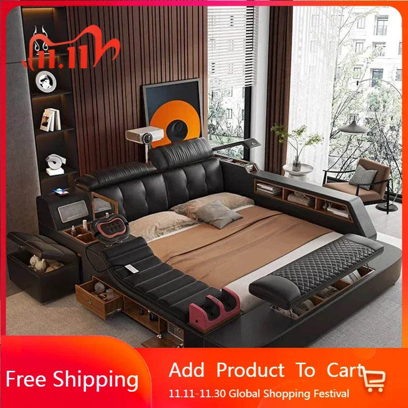 Modern Double Bed Girls Design, Smart Bedroom Queen King Princess Leather.