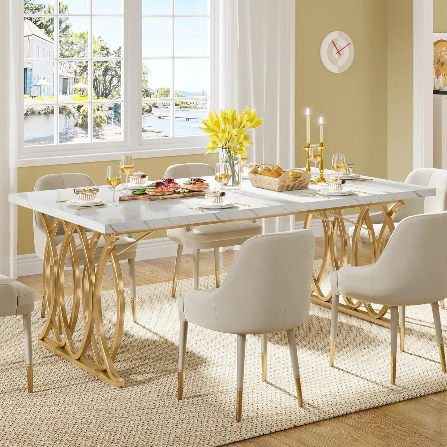 Modern Dining Table, 63" Large Kitchen Table for 4-6 People, Unique Rectangular Dinner Table.