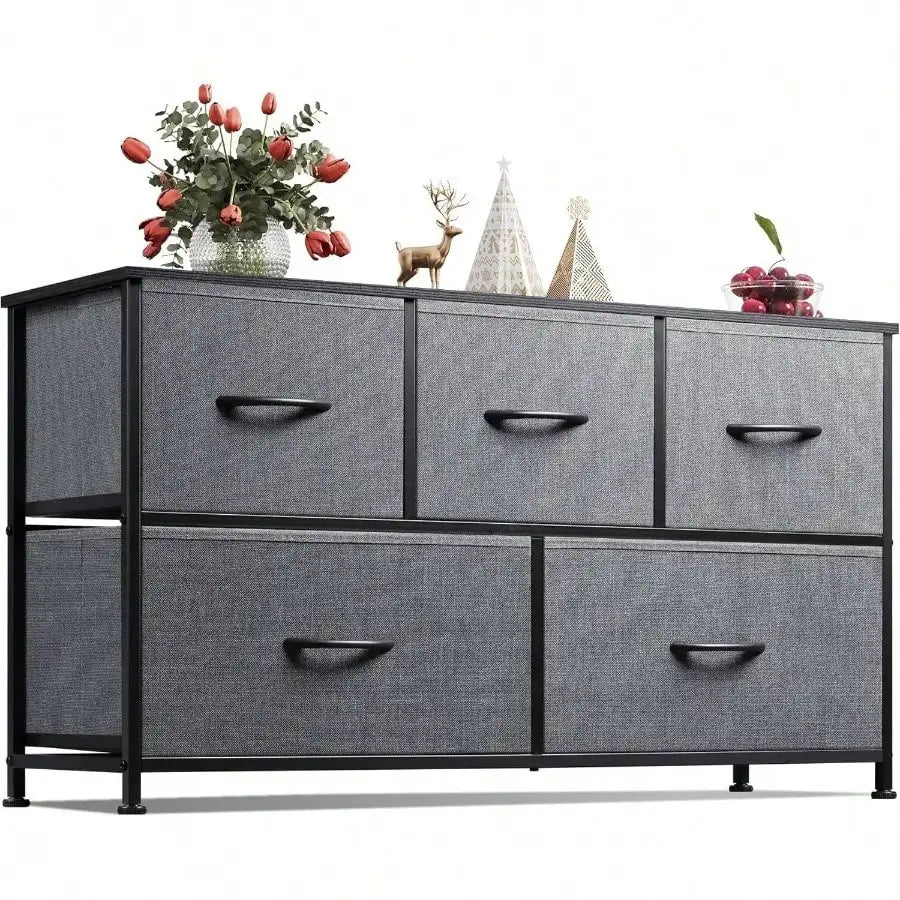 5-Drawer Fabric Dresser – Wide Storage Organizer with Bins for Bedroom.