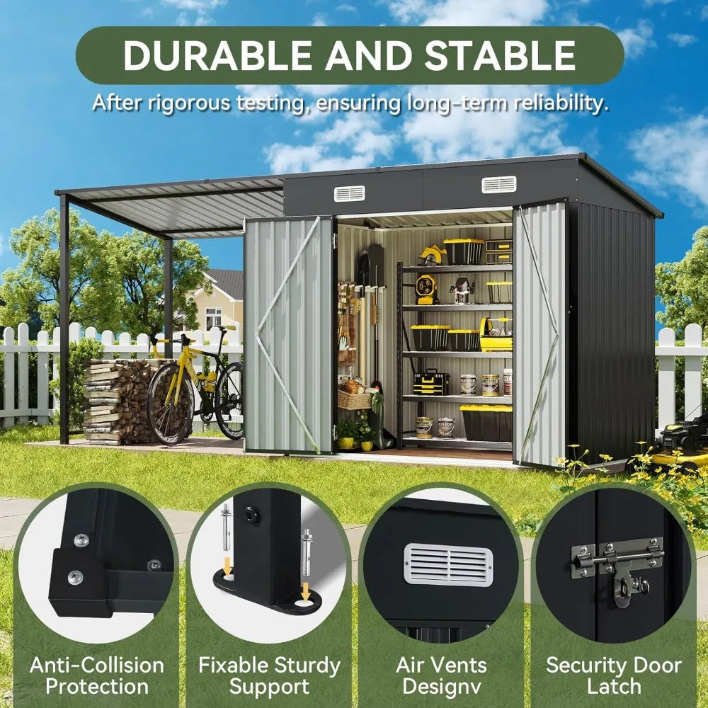 6x4FT Outdoor Metal Shed and Hardtop Gazebo Combo 12x4FT Lean to with Pergola Black.