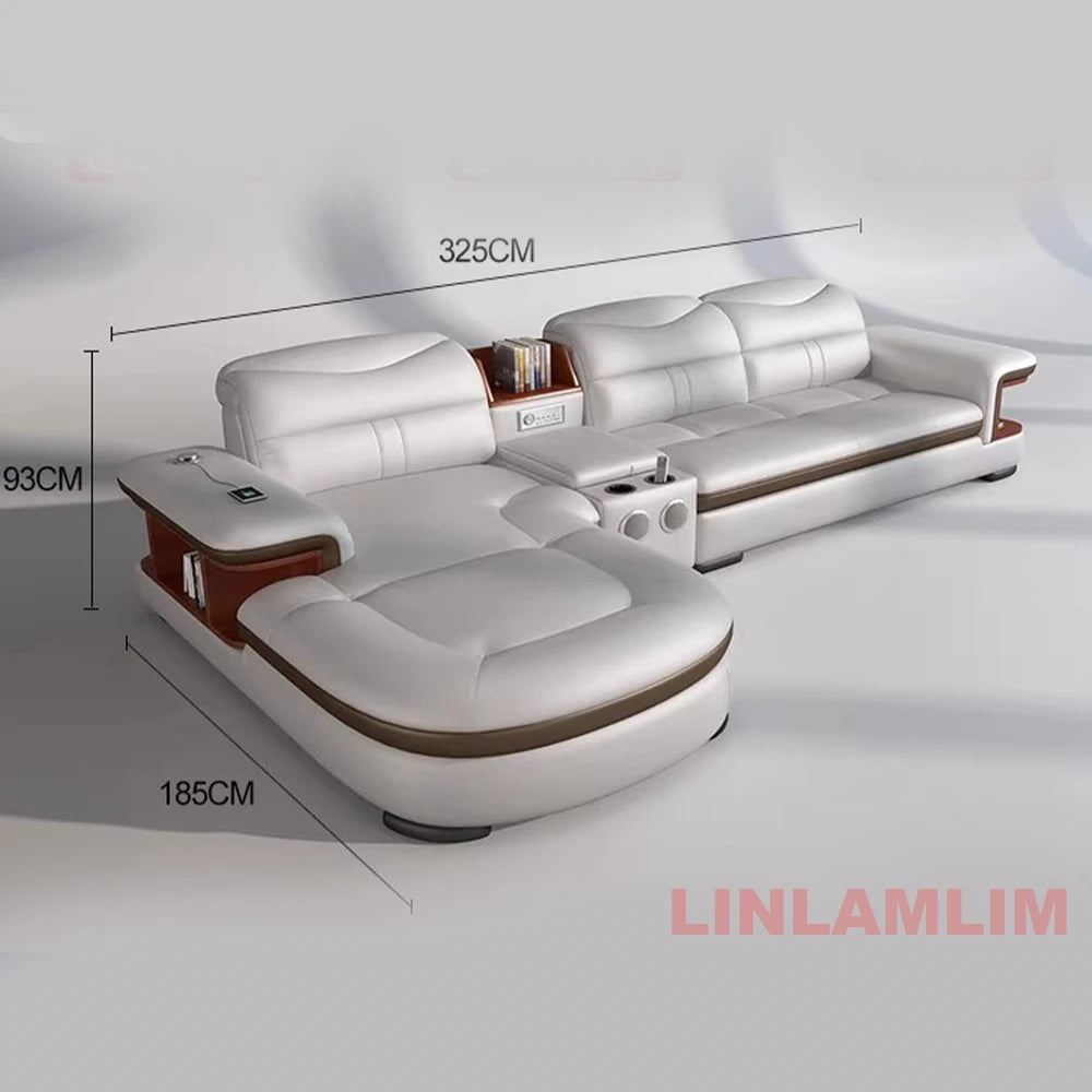 L-Shaped Sectional Sofa with Chaise, Genuine Leather adjustable headrest, Storage, USB,