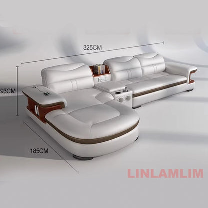 L-Shaped Sectional Sofa with Chaise, Genuine Leather adjustable headrest, Storage, USB,