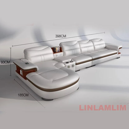 L-Shaped Sectional Sofa with Chaise, Genuine Leather adjustable headrest, Storage, USB,