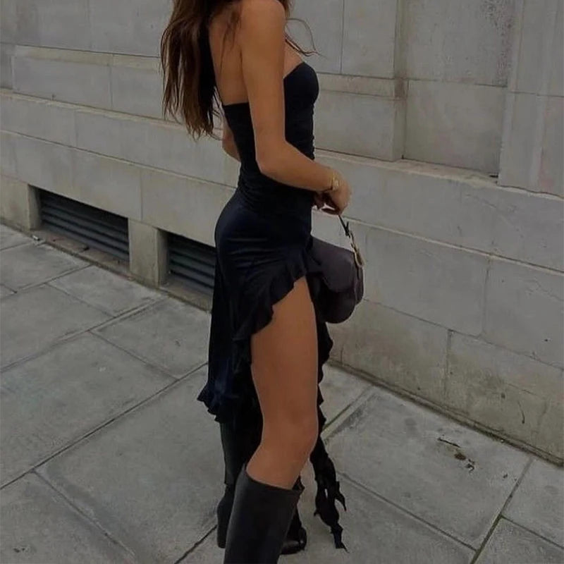 Women Strapless Sexy Floral Fold Hemline, High Slit, Mini Dress 2024 Solid