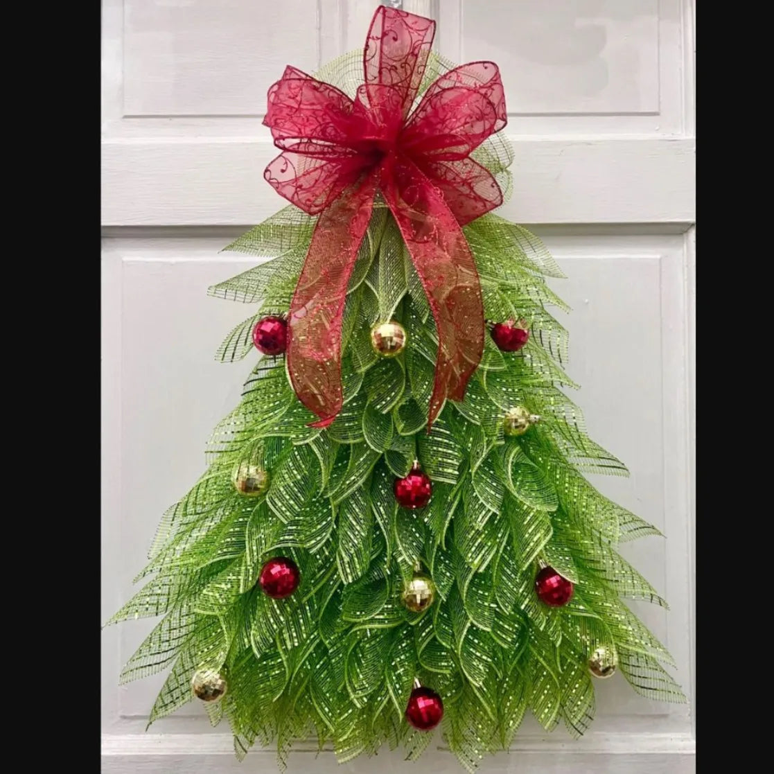 Elegant Door Decoration Red Ribbon ,Greenery & Golden Balls ,Easy Hang