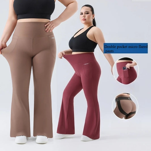 Plus Size Fit Yoga Flared Trousers, Seamless, Two Sides Pocket Leggings High Waist Push Up Butt Training Leggings.
