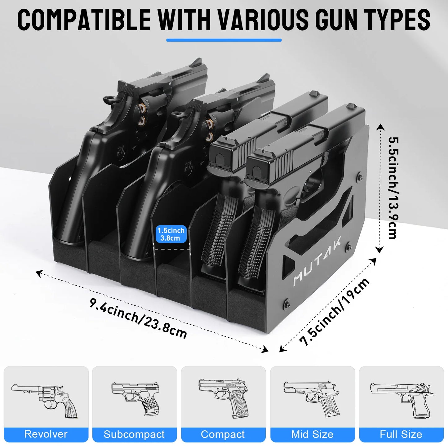 4/6/8 Slot Foam Pistol Rack for Gun Safe, Handgun Rack with Anti-slip Magnetic Strip.