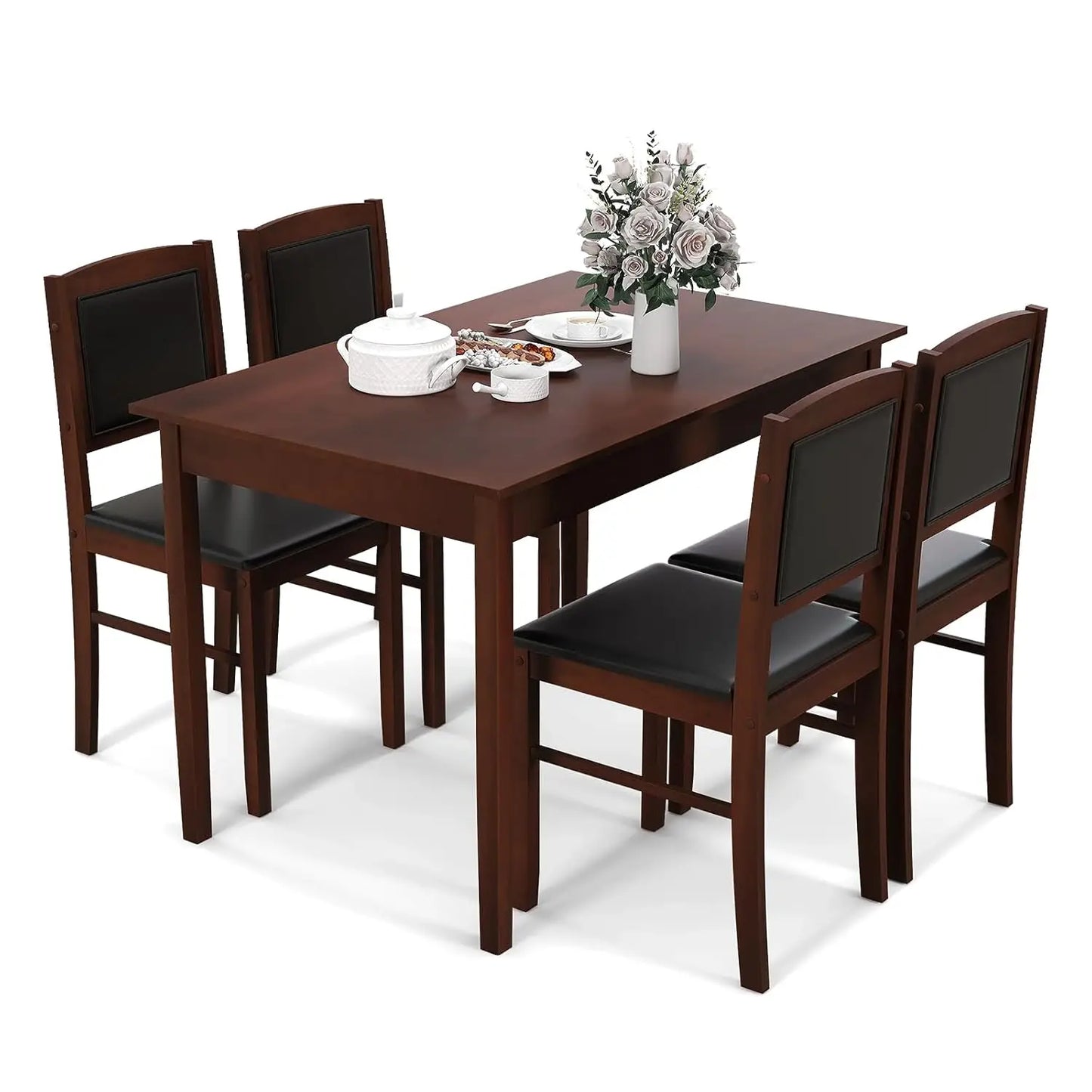 Dining Table Set for 4, Farmhouse Solid Wood Dinette Set w/Rubber Wood Legs, Upholstered Seat & Padded Backrest.