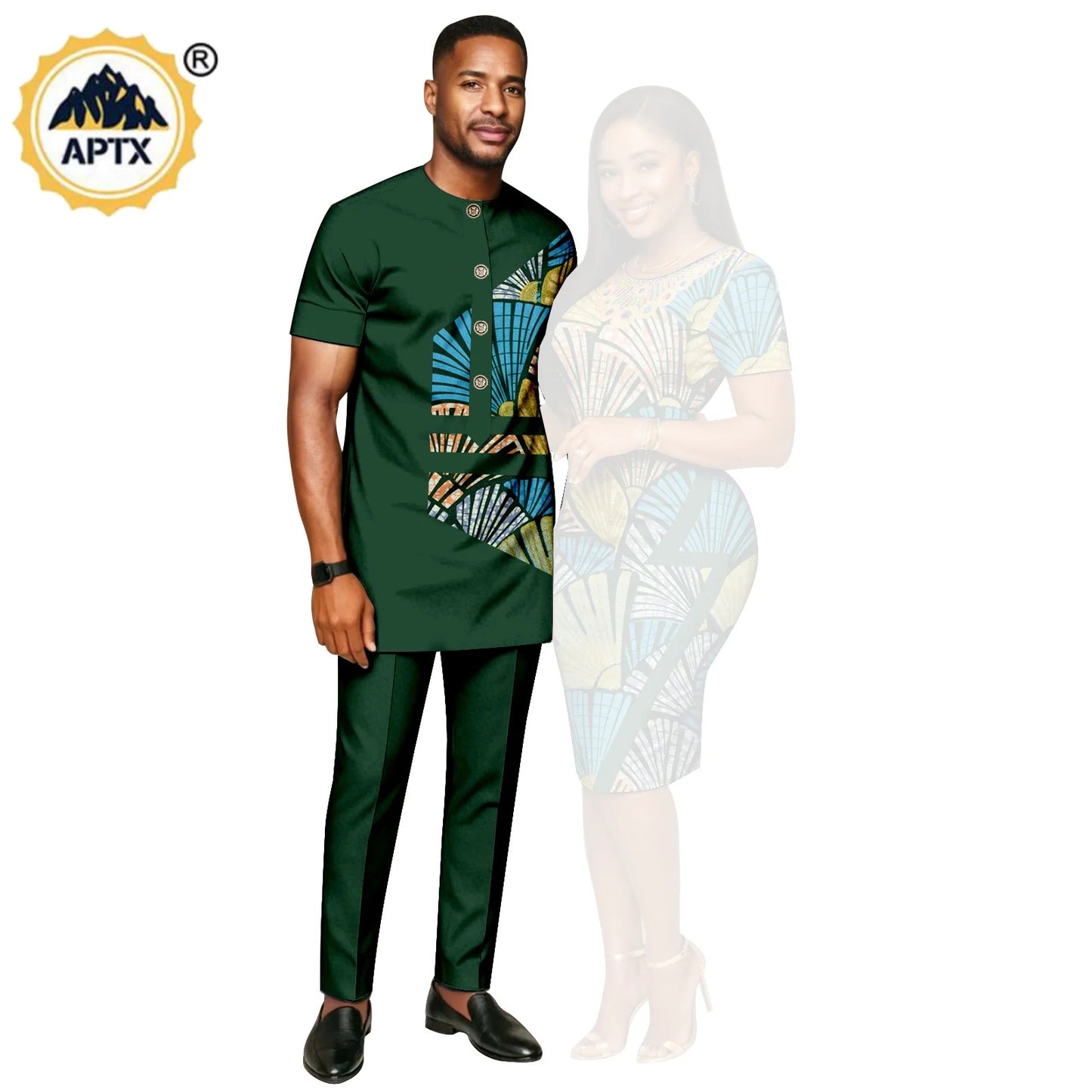 African Print Slim Hip Knee-length Dresses for Women, Matching Couple Outfits Dashiki Men Patchwork Top and Pant Sets 26C019.