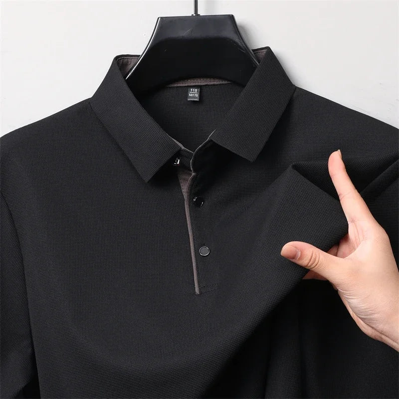New Men Business Casual Long Sleeve Solid Color Polo Shirt, Fashionable Warm Comfortable Four Seasons.