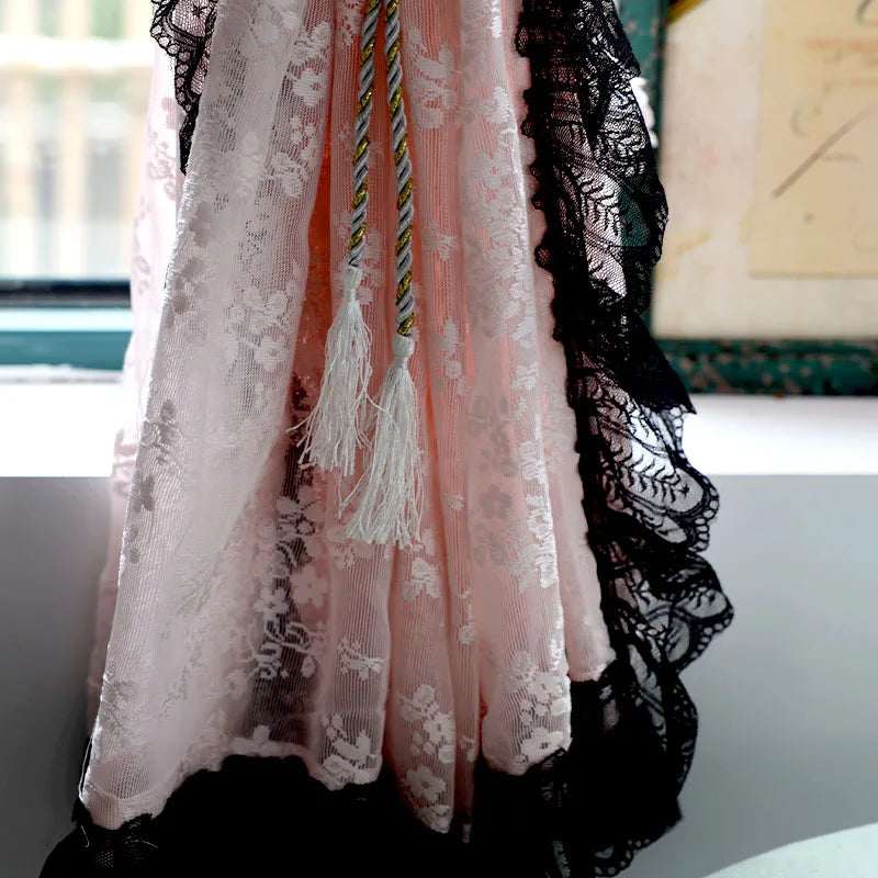 Vintage Black Lacework with Pink Jacquard Sheer Floral Curtains.