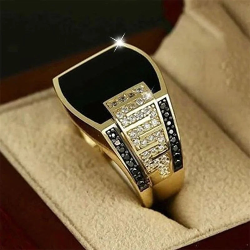 Classic Men Ring Fashion Metal Gold Color, Inlaid Black Stone Zircon Punk Rings for Men.