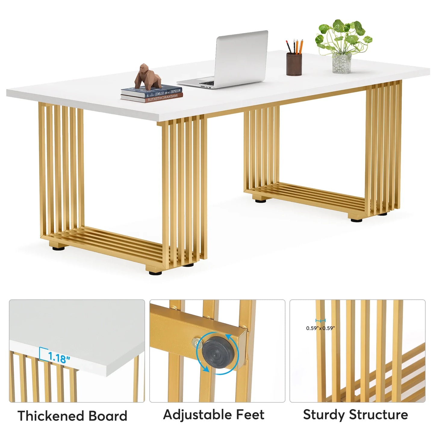Modern Office Desk, 70.9" Wooden Computer Desk, Executive Desk with Gold Metal Legs, Large Workstation Home Office.
