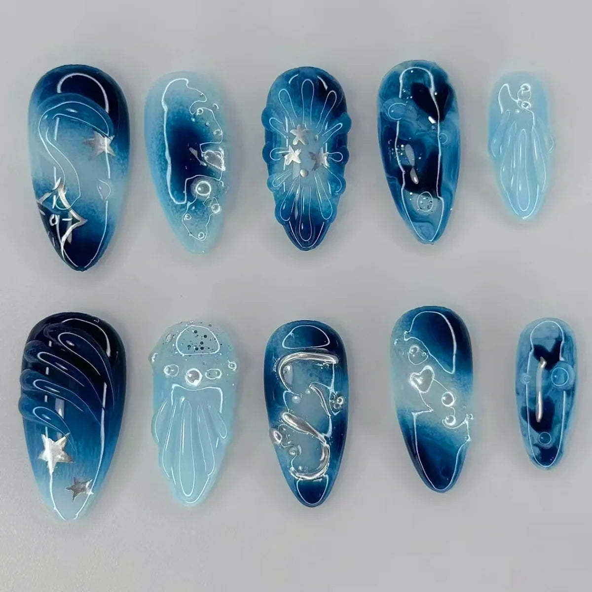 24Pcs Mid-length Almond Press on Fake Nails,3D Ripple Heart ,Pearl Star, Blue Smudge Detachable Full Cover Nails Tips.
