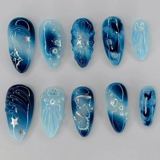 24Pcs Mid-length Almond Press on Fake Nails,3D Ripple Heart ,Pearl Star, Blue Smudge Detachable Full Cover Nails Tips.