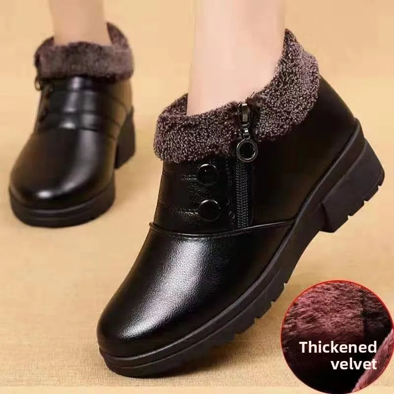 Winter Thickened Slip-On Fleece Lined Cotton Shoes, Warm Anti-Slip Flat Bottom Grandma Shoes Comfortable Rubber Sole.