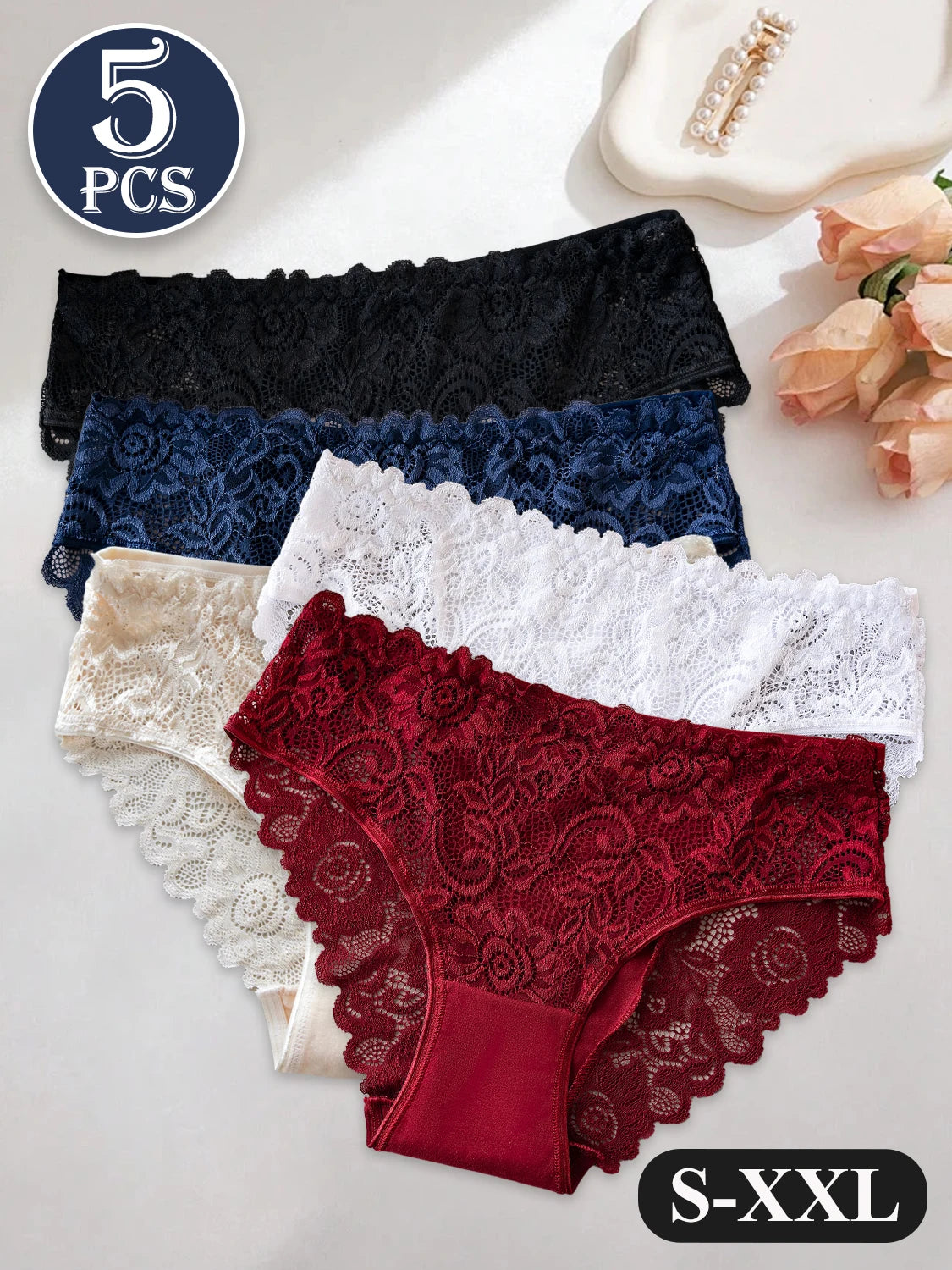 5PCS High End Lace Panties for Women, Pure Cotton Crotch Breathable Sexy Briefs Solid Color.
