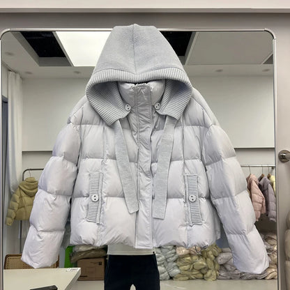 Winter Short Knitted Hooded Down Jacket   Female Zipper Puff Jackets