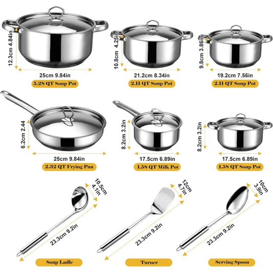 15-Piece Stainless Steel Cookware Set with Pots, Pans & Utensils - Induction Safe & Dishwasher Safe
