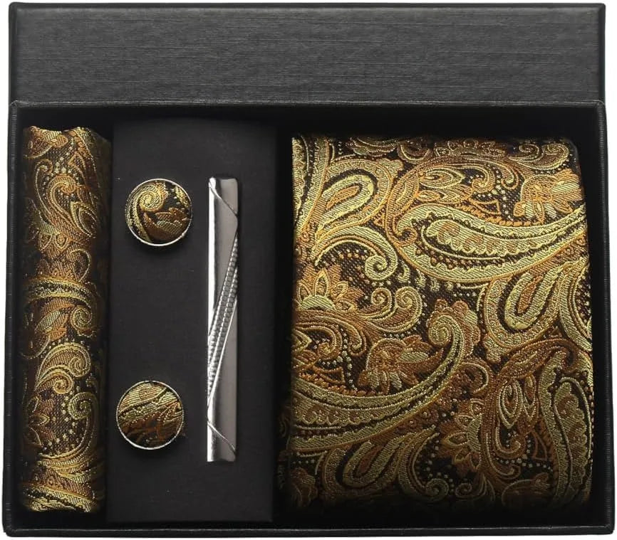 100% Silk Necktie Paisley Floral Men Business Tie, Pocket Square ,Tie Clip ,Cufflinks Set  Gift Box.