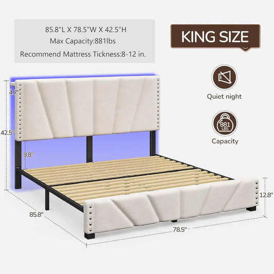 Velvet Headboard and LED Lights  Platform Bed with Charging Station King Size Bed Frame