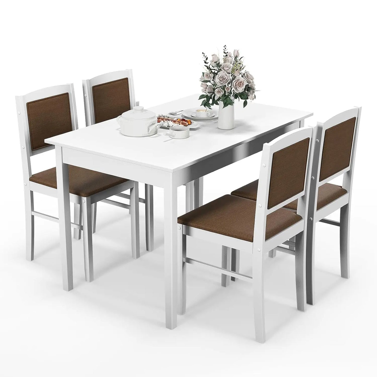 Dining Table Set for 4, Farmhouse Solid Wood Dinette Set w/Rubber Wood Legs, Upholstered Seat & Padded Backrest.