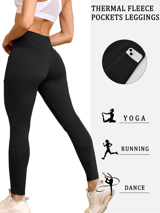 Women Thermal Fleece Lined, High Waisted with pockets, Thick Tights Running Pants.