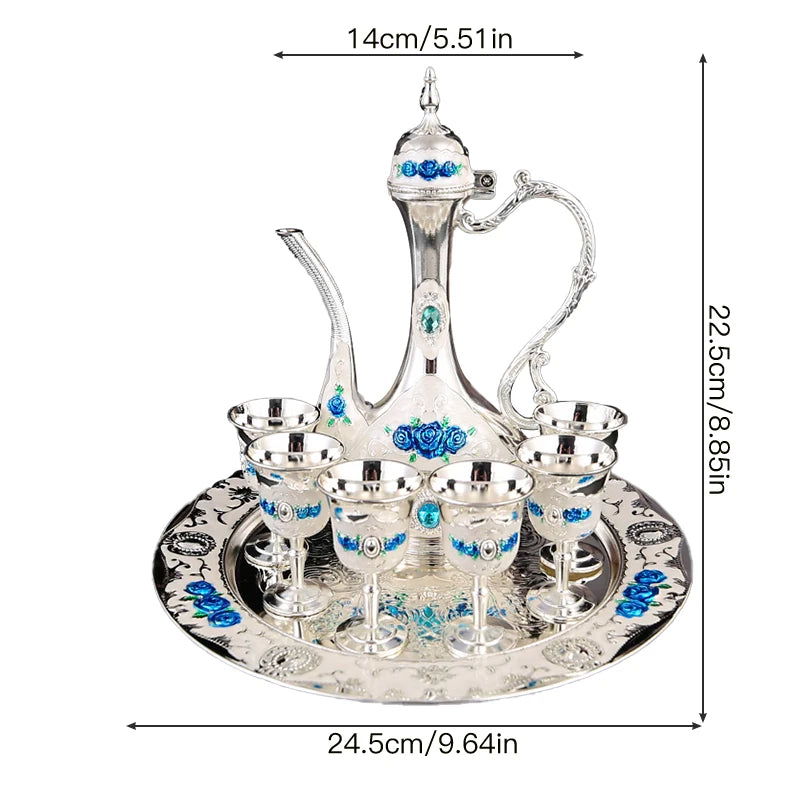 1 metal wine set, 1 tray and 6 shot glasses and 1 wine pot combination.