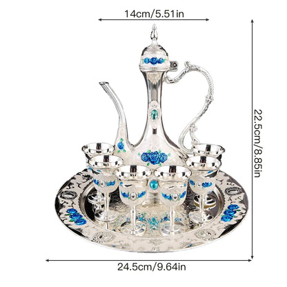 1 metal wine set, 1 tray and 6 shot glasses and 1 wine pot combination.