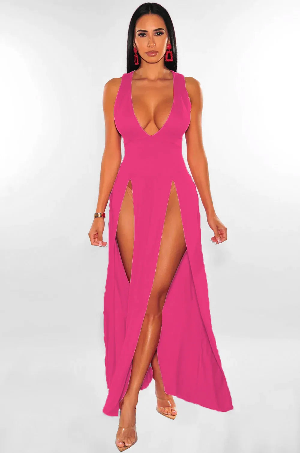 Summer New Women Sexy High Split Dresses, Sleeveless Deep V-Neck High Slit Long Party Bodycon Red Dresses.