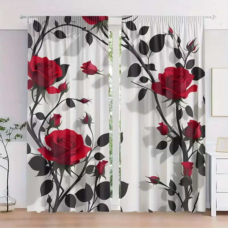 2pcs Elegant Red Rose & Black Leaf Pattern Curtains, Designed for Light Blocking.