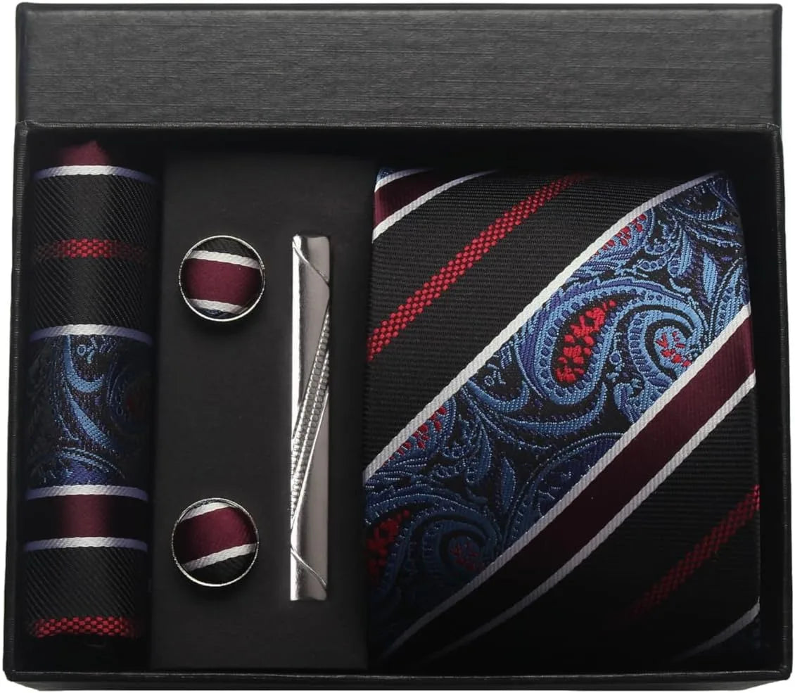100% Silk Necktie Paisley Floral Men Business Tie, Pocket Square ,Tie Clip ,Cufflinks Set  Gift Box.