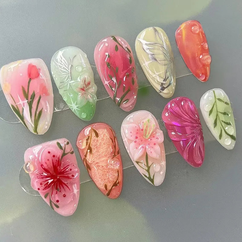 24Pcs Mid-length Almond Press on Fake Nails,3D Ripple Heart ,Pearl Star, Blue Smudge Detachable Full Cover Nails Tips.