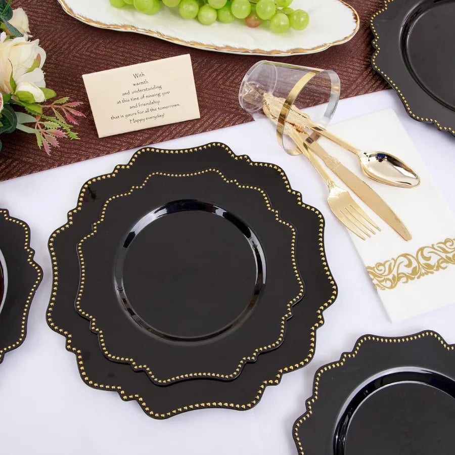175PCS Black Dinnerware Set with Disposable Silverware for 25 Guests 50 Dinner Plates
