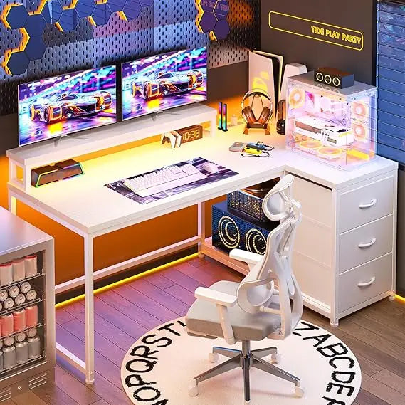L Shaped Gaming Desk with LED Lights & Power Outlet 48Inch