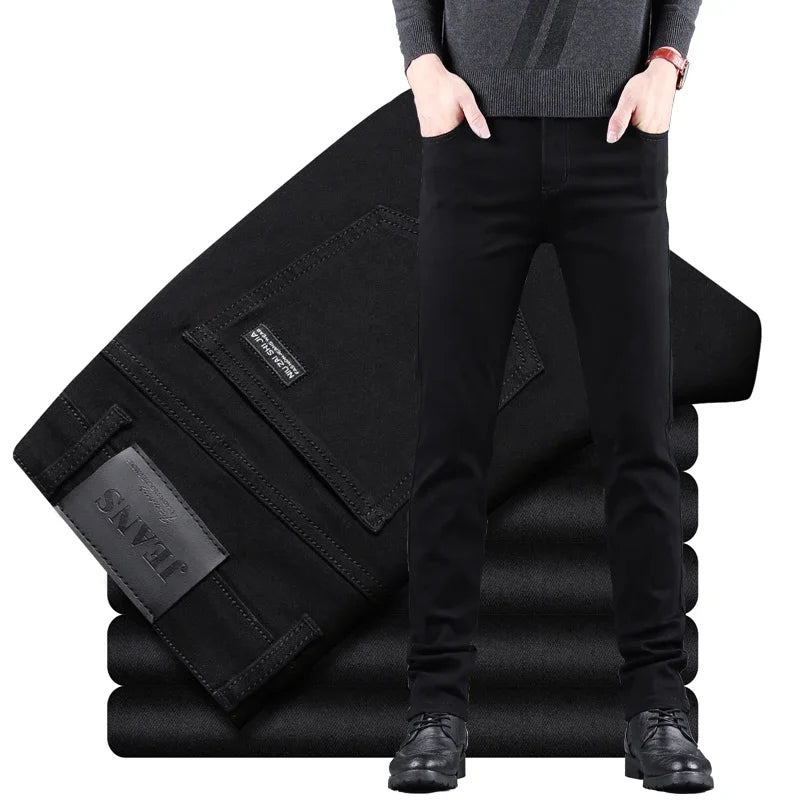 New Men Pure Black Slim Jeans, Elastic Pants Business Fashion Leisure Denim Pants.