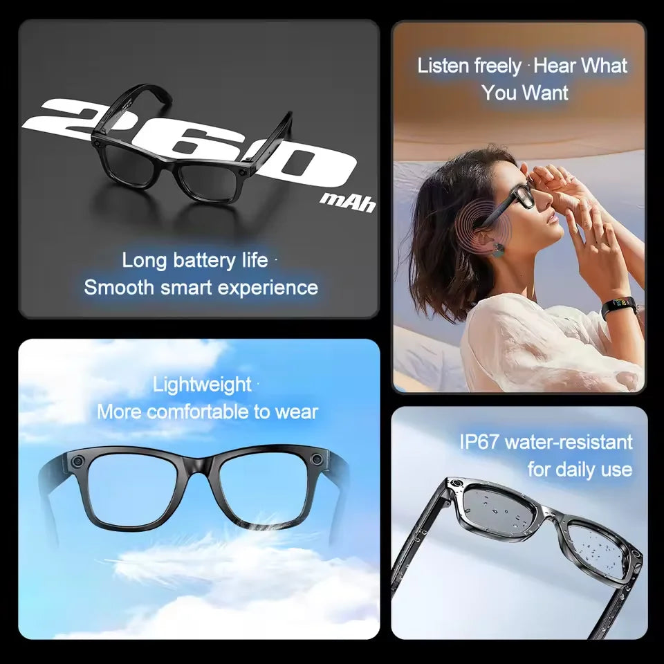 New 8 Million Pixels Camera Smart Glasses, Recording Videos, AI Photo Recognition, Answer Translation, Waterproof Blue light Glasses.