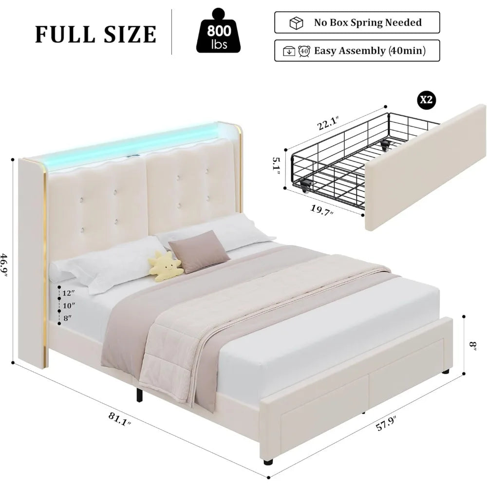 Upholstered Full Led Bed Frame with Charging Station and Storage Drawers Velvet Princess.