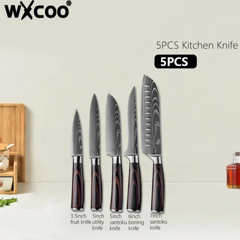 Damascus Steel Kitchen Knives VG10 Steel Fish Boning Knife Meat Cleaver Fruit Utility Cutter with Long Magnetic Knife Block