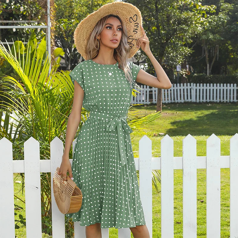 Summer Dresses For Women High Waist Midi Elegant Pleated Polka Dots , Dinner Party Vacation Dress.