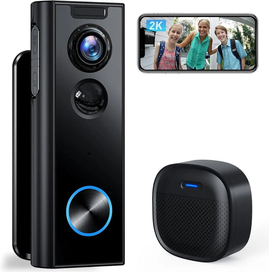 Wireless 2K Video Doorbell with Chime, 2-Way Audio, Human Detection, Night Vision, Alexa & Google Assistant Compatible.